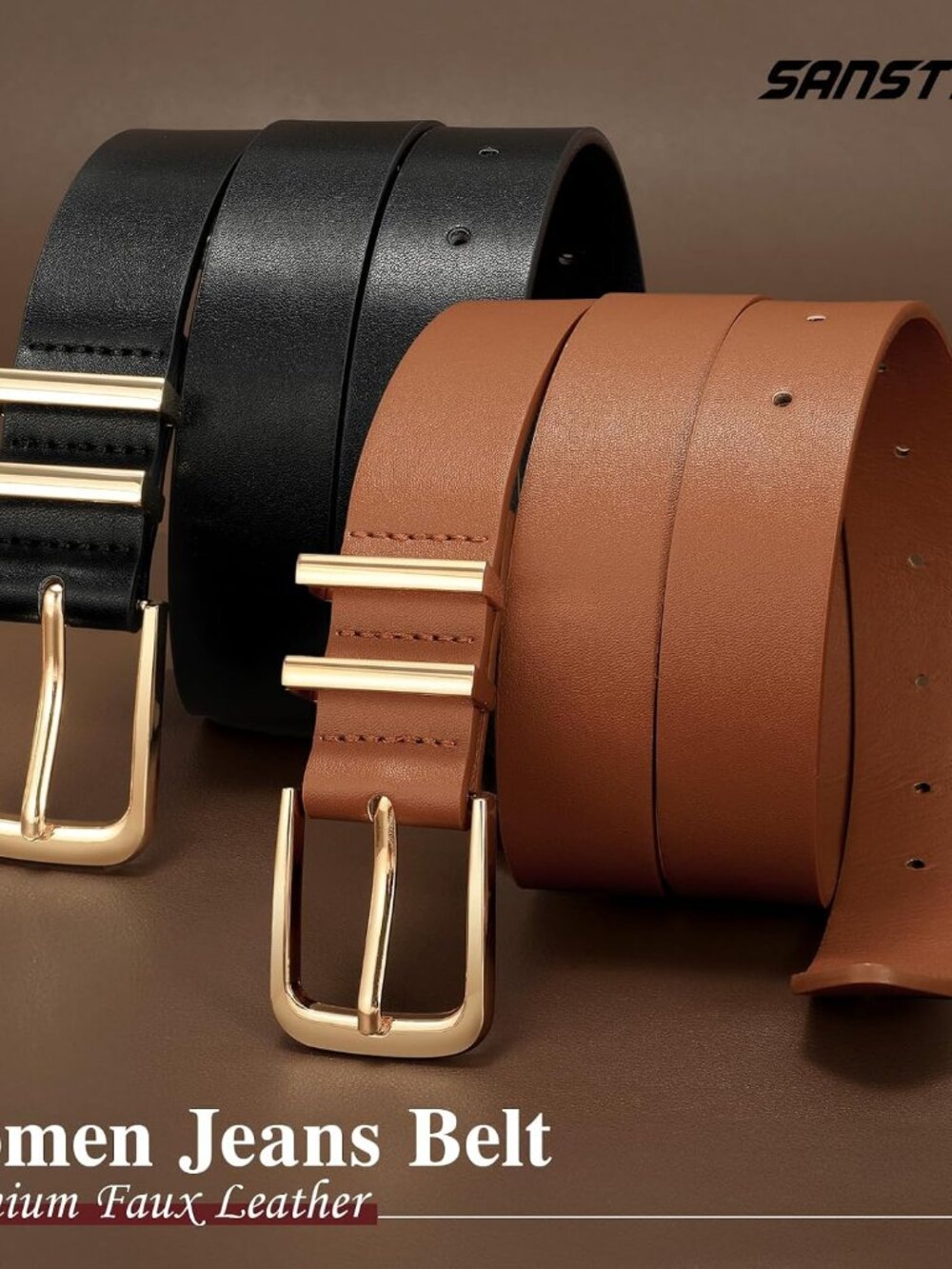 2 Pack Women Belt for Jeans Pants, Simple Fashion Ladies Waist Belt with Gold Bu - Picture 3 of 6